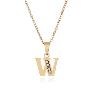 Gold stainless steel initial letter W pendant necklace with sparkling crystal rhinestones.