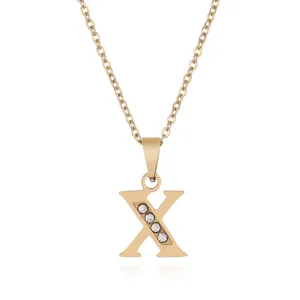 Gold rhinestone letter X pendant necklace, stainless steel fashion jewelry for women.