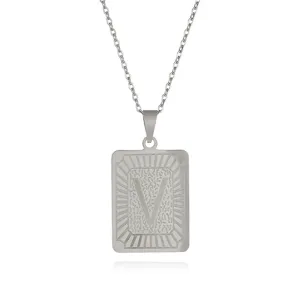 Collana con lettera in acciaio inossidabile con ciondolo rettangolare e iniziale V alla moda.