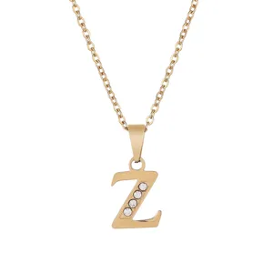 Close-up of gold stainless steel letter Z pendant necklace with sparkling rhinestone details.