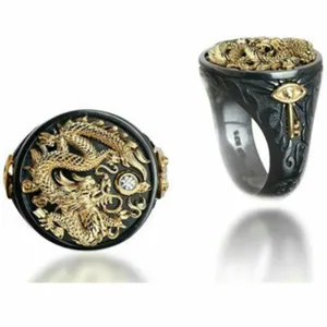 Anillo de Dragón Chino de Aleación Vintage para Hombre Negro Oro Bicolor Punk Hip Hop Strass Anillo de Sello Redondo Joyería de Fiesta Rock