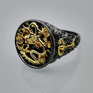 Anillo dragon chino negro y oro hombre estilo vintage hip hop rock punk accesorio joya