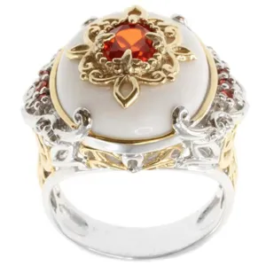 Anillo barroco de concha natural con piedra roja, diseño chapado en oro bicolor de lujo