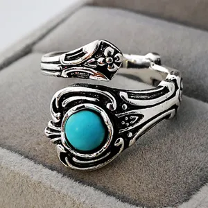 Anello argento turchese vintage stile bohemien design floreale intagliato regolabile per donna