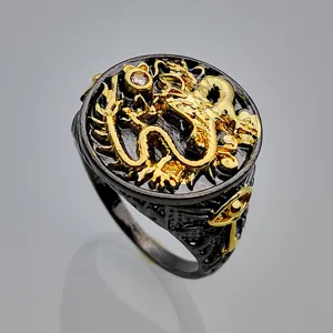 Hombre negro oro chino dragon sello anillo hip hop rock retro statement dedo joyeria moda