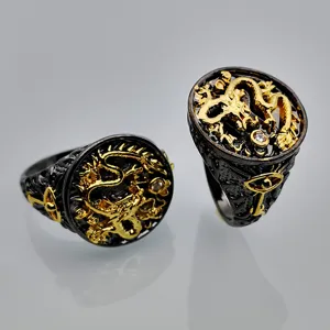 Anillo de dragon chino negro y oro hombre estilo hip hop rock punk joyeria moda