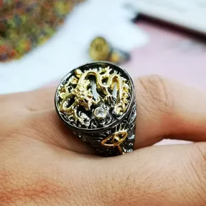 Anillo de dragón negro oro vintage para hombres, estilo hip hop rock vista detallada.