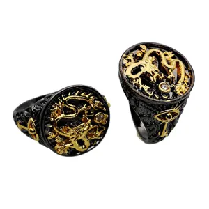 Anillo hombre vintage negro oro dragón hip hop rock metal statement anillo joyería