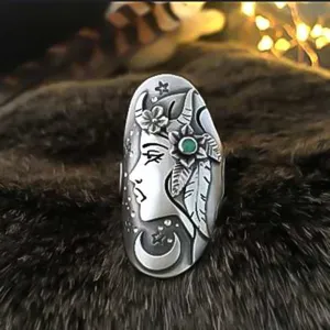 Anello Argento Thai Vintage Dea Cielo Stellato Pietra Verde Gioiello Donna Chic