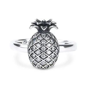 Elegante anello con ananas in pavé di zirconi cubici trasparenti in argento sterling