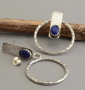 Retro 925 zilver lapis lazuli dubbel draagbare geometrische oorbellen met hamerstaaf.