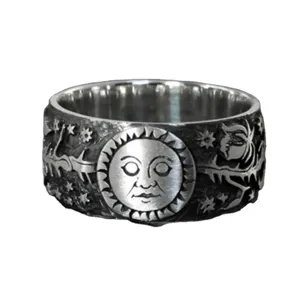 Anello vintage argento viso sole punk da uomo, gioiello gotico con stella e fiore.