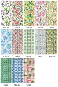 Stained glass window film detail patterns showing various colorful floral and geometric designs.