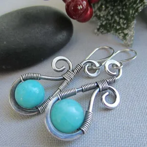 Boucles d'oreilles pendantes artisanales en fil de turquoise argent vintage pour femmes