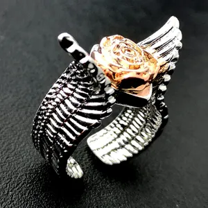 Anello gotico ala argento pugnale rosa, anello aperto regolabile stile punk per donna.