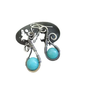 Boucles d'oreilles pendantes en pierre turquoise en fil d'argent vintage artisan