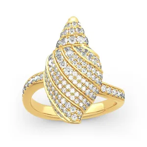 Anello a conchiglia placcato in oro con zirconi brillanti, elegante gioiello marino.