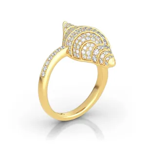 Anello a conchiglia dorato con zirconi brillanti, gioiello di moda creativo stile mare.