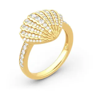 Squisito anello conchiglia placcato in oro con diamanti, gioielli moda in stile marino.