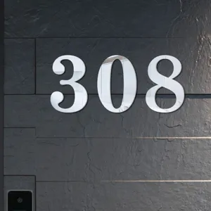 Reflecterend acryl nummer 308 detailweergave, moderne deur nummer sticker decoratie.