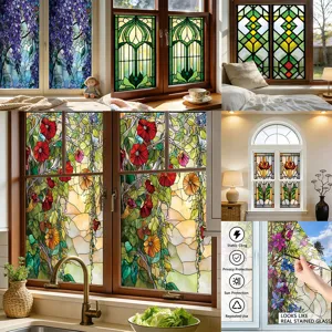 Static Cling Window Film Stained Glass Window Sticker Frosted Privacy Vines Floral Decorative Glass Decal for Home