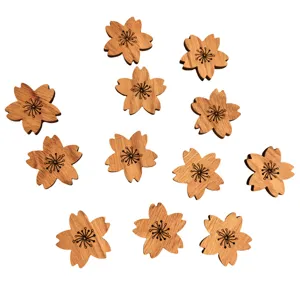 Wooden cherry blossom craft detail, natural wood texture, laser engraved stamen.