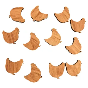 Cute wooden chicken shaped fridge magnets set, natural wood grain rustic home kitchen decor.