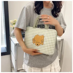 Borsa per laptop a quadretti verdi 13 pollici simpatica toppa con cucciolo custodia protettiva