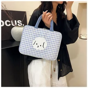 Custodia per laptop a quadri blu con motivo di cane carino, borsa per computer portatile da 13 pollici.