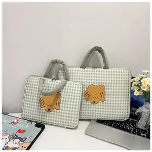 Bellissima borsa per laptop a quadretti verdi stile coreano con cagnolino, 13 pollici.