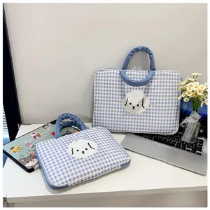 Borsa per computer portatile 13 pollici a quadri blu con morbida custodia ricamata bichon