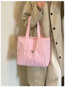 Sac cabas en toile à pois rose avec poche à cordon, élégant sac d'épaule pour le quotidien.