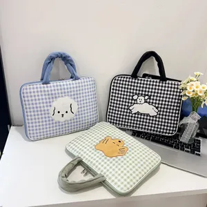 Borsa per Laptop a Scacchiera Cucciolo di Bichon Cartone Animato Coreano Carino Custodia Protettiva per Tablet Portatile per Donna Studenti