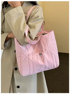 Sac cabas en toile à pois roses style coréen, grand sac à épaule décontracté pour femmes.
