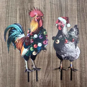 Christmas chicken garden stakes metal yard art outdoor decorative lawn stakes set two pieces