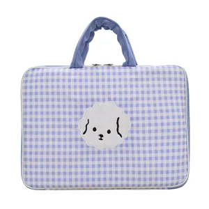 Borsa PC Quadri Blu 13 Pollici Simpatico Bichon Frise Custodia Protettiva Stile Coreano