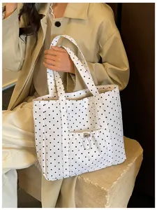 Sac cabas en toile à pois noir et blanc style coréen sac à main bandoulière décontracté femme