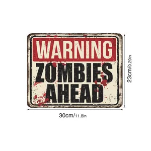 Halloween zombie warning metal sign retro wall plaque horror party decoration prop.