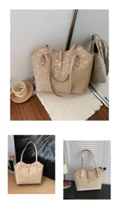 Stijlvolle beige shopper tas met unieke getallenprint, ruime schoudertas voor dames dagelijks.