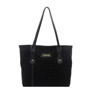 Large capacity black leopard print tote bag for women, vintage commuting shoulder bag.