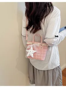 Detailed shot of the pink plaid bucket bag with cute lace trim and star pendant for women.