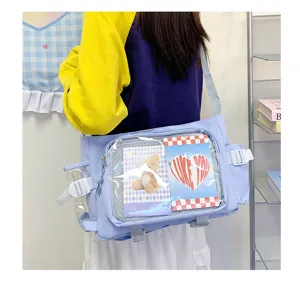 Detail view of the kawaii purple ita bag with clear window and pockets, perfect for pins.