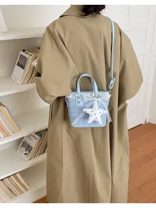 Blue plaid bucket bag with cute lace trim and star pendant for women daily casual commute.