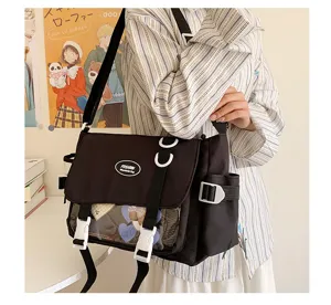 Black messenger ita bag with transparent window, casual student crossbody bag detail