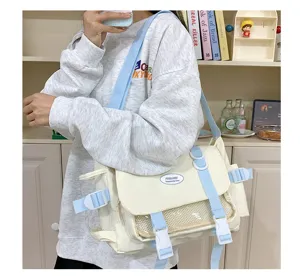 Preppy style messenger bag detail, transparent ita bag pocket, large capacity canvas crossbody.