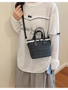 Women plaid bucket bag casual crossbody handbag with lace trim elegant commuting shoulder bag