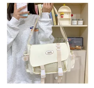 College style canvas messenger ita bag with transparent window, casual crossbody bag for women.