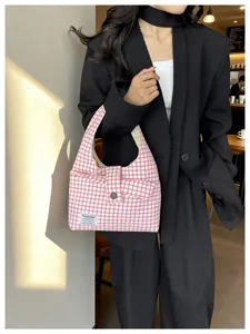 Red and white plaid shoulder bag for women, casual retro tote handbag for daily commute.