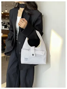 Casual minimalist plaid shoulder bag, retro commute handbag with front pocket for women stylish.