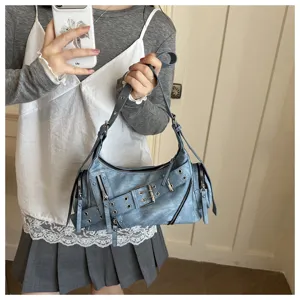 Trendy blue motorcycle shoulder bag, punk style buckle baguette purse for women daily casual chic.